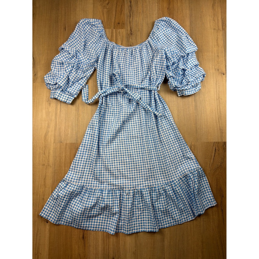 Girl Soul Blue Gingham Ruffle Puff Sleeve Cotton Flax Midi Dress Large